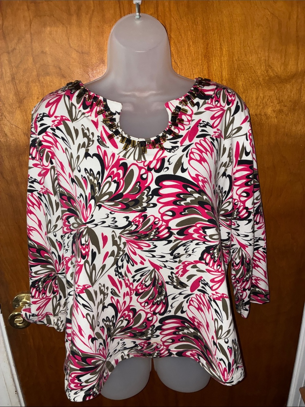 Embellished Neck Pink Floral Print Tunic Top